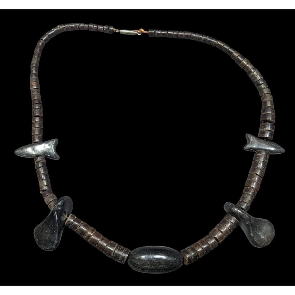 Vintage Ethnic Carved Brown And Black Wood Beaded Necklace